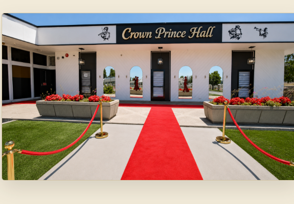 Crown Prince Event Hall entrance with red carpet and gated lot